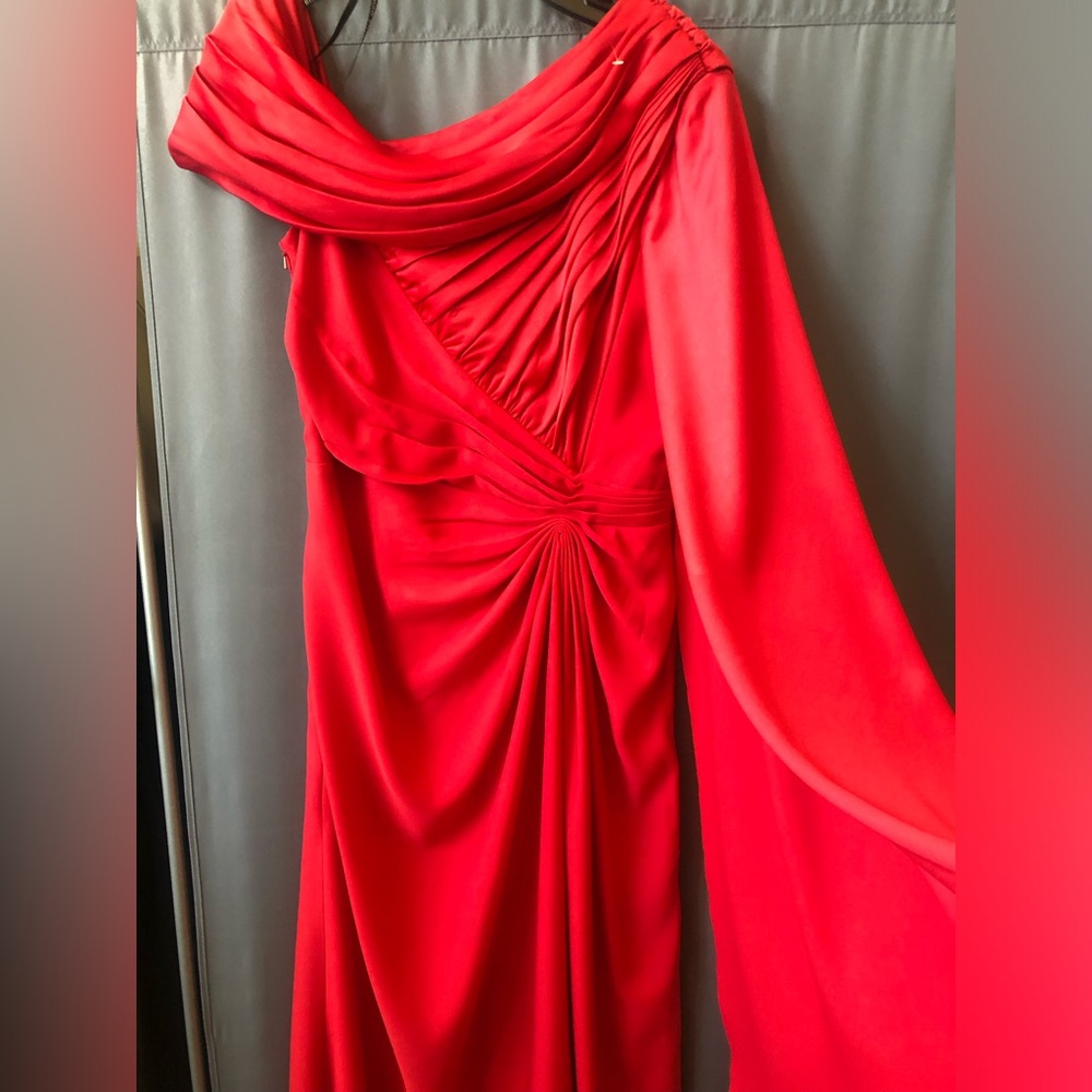 Tadashi Shoji One-Shoulder Red Draped Maxi Gown - Picture 8 of 9